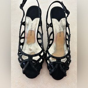 Caparros Caged Peep Toe Black Sequins 3” Heel- Gently Worn Condition